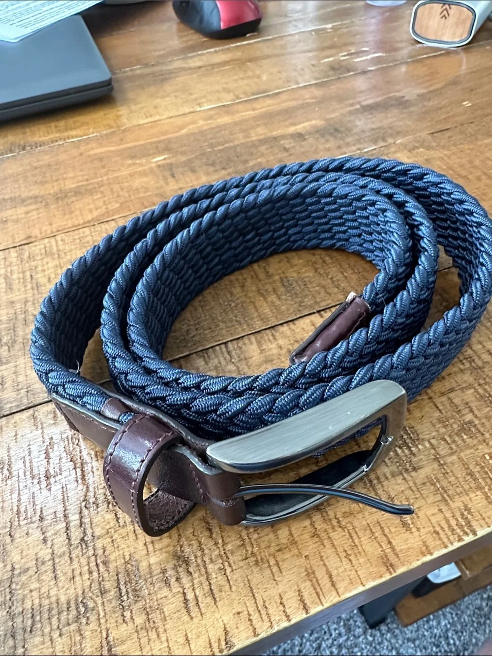 Braided Navy Stretch Belt with Brown Leather Trim and Metal Buckle